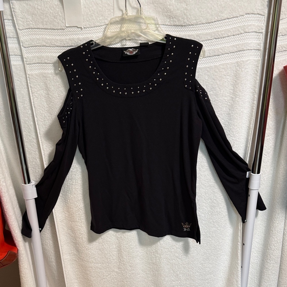 Harley-Davidson Black Studded Cold-Shoulder Long Sleeve Tee